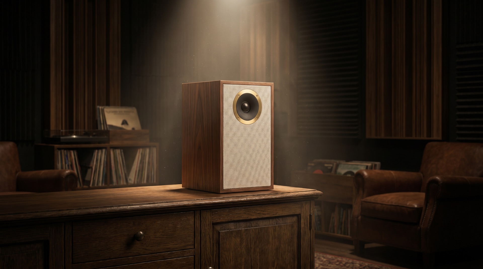 A pair of walnut Grain One speakers in a dim listening room, warm lamplight on the wood grain
